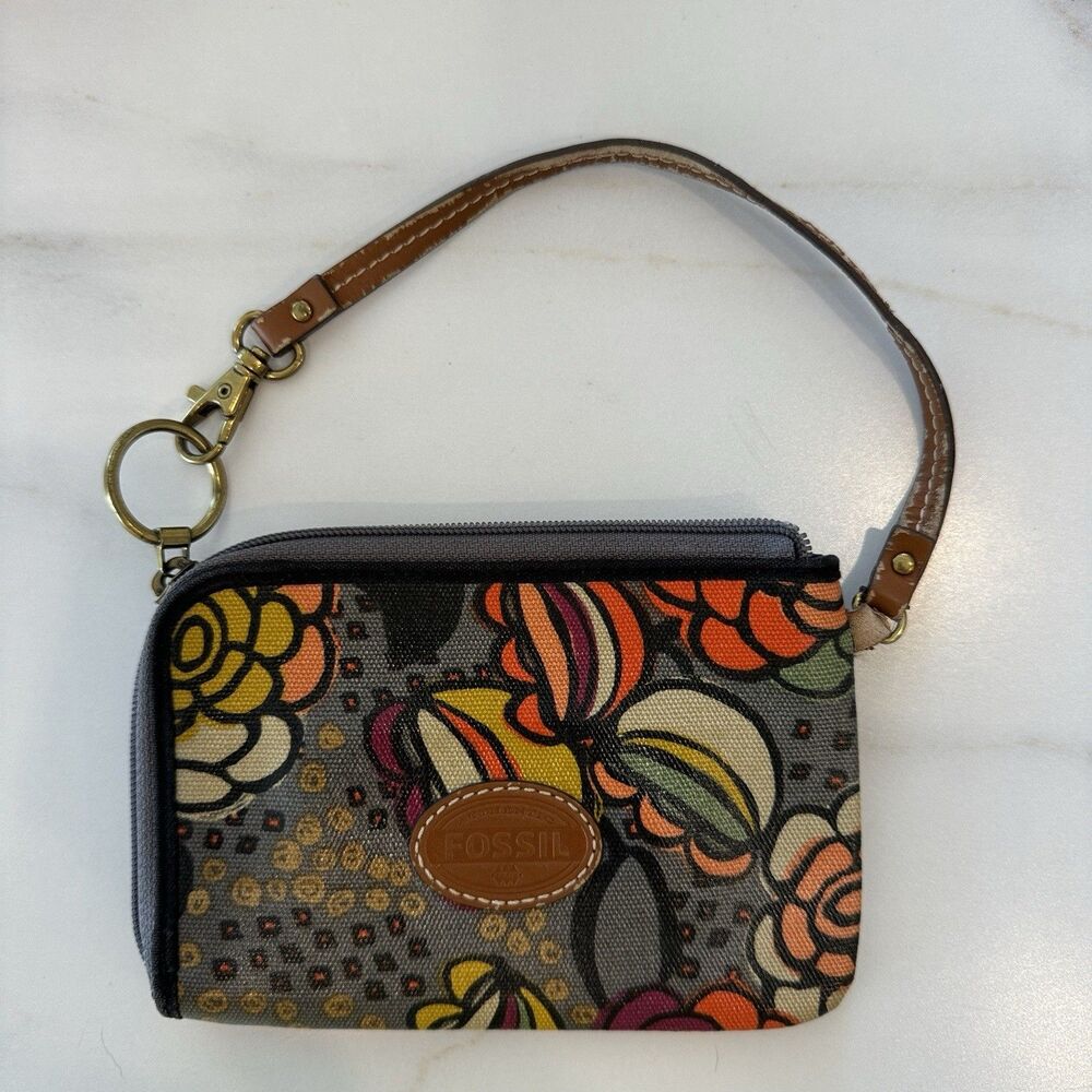 FOSSIL Zip around Wristlet Multicolor Floral Print Coated Canvas Strap Damaged